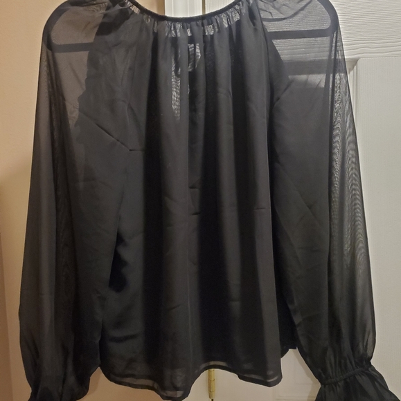 Express Sheer Sleeve Ruffle Shoulder Top Size M Black - Picture 3 of 3